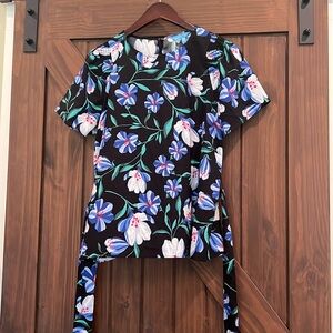 Draper James Floral Smocked Sleeve Top S Black Blue Green White Tie Belt New NWT